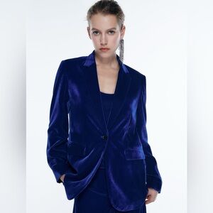 $169 NWT Zara cobalt blue velvet holiday blazer with one button jacket sz M